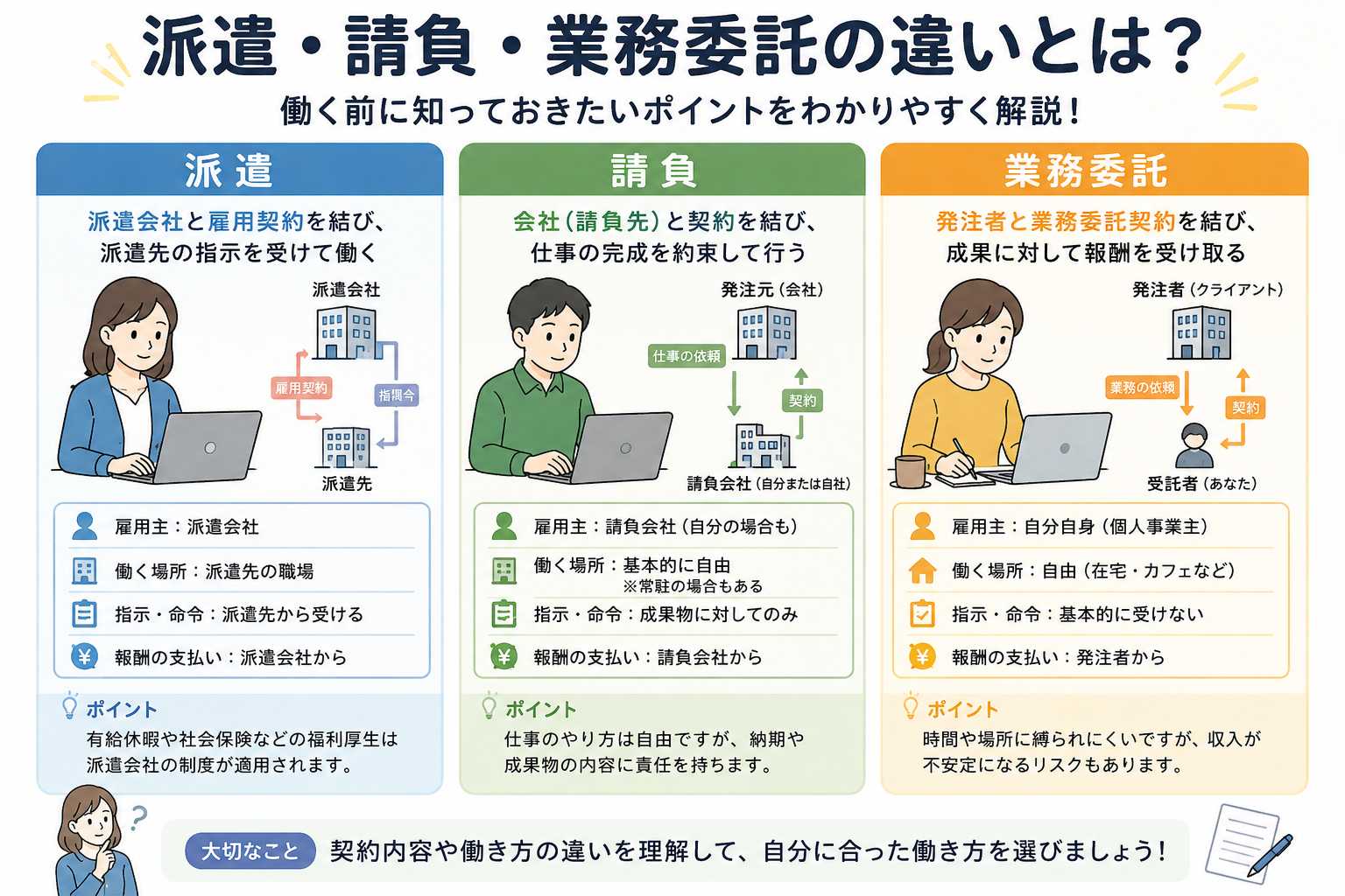 派遣・請負・業務委託の違いを比較した図解
